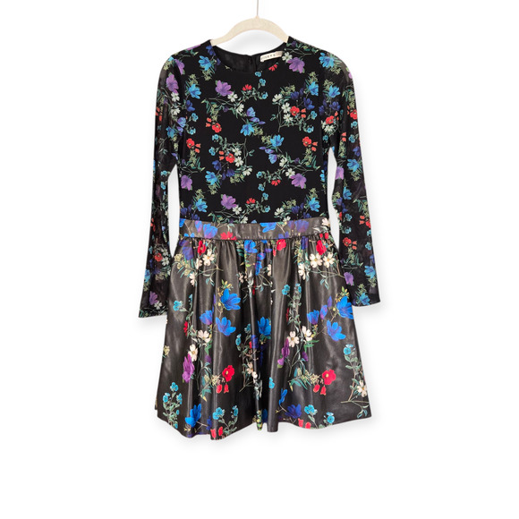Alice + Olivia Chara Vegan Leather Floral Crew Neck Long Sleeve‎ Skirt Dress - Picture 3 of 6